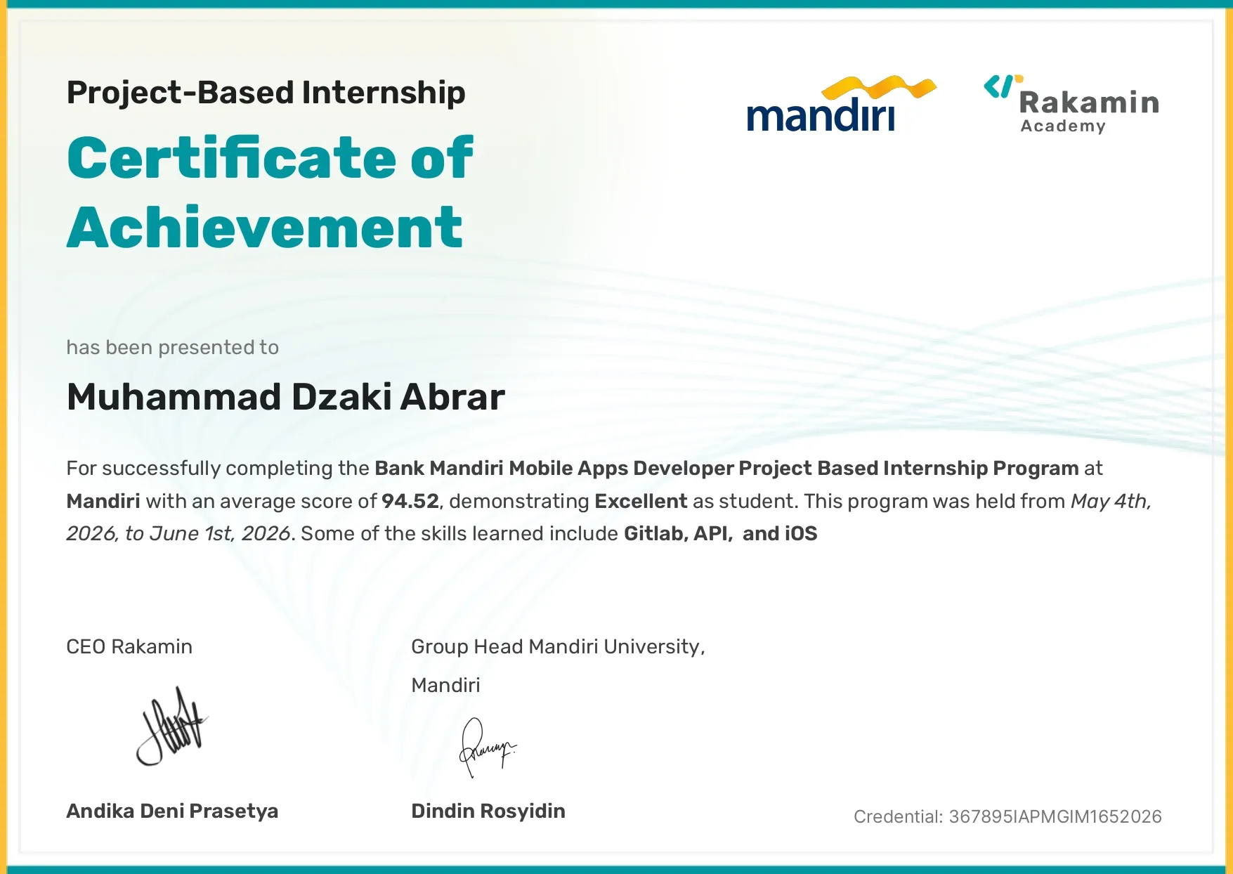 Certificate of Achievement – Bank Mandiri Mobile Apps Developer Project Based Internship Program