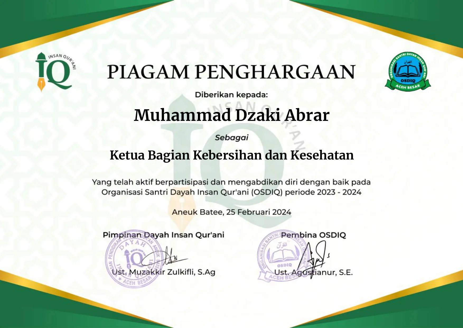 OSDIQ Certificate (Insan Qurani Dayah Student Organization)